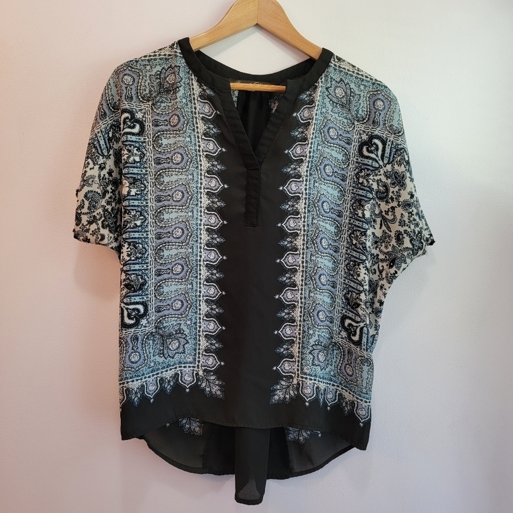Rose an Olive Blue and Black Print Boho Blouse Size S